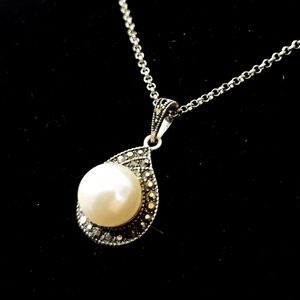 Antique Style Faux Pearl & Marcasite Pendant Chain Necklace Signed